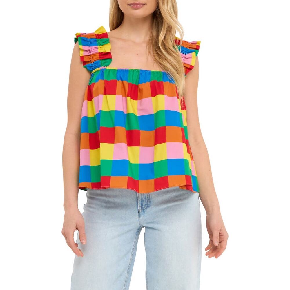 NWOT English Factory Rainbow Check Ruffle Strap 100% Cotton Tank S